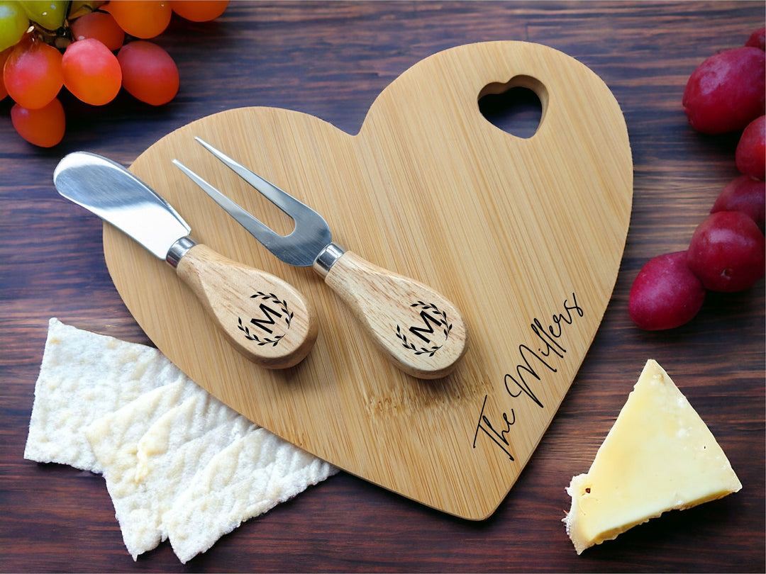 Mini Charcuterie Serving Board with Cheese&nbsp;Fork Cheese Knife Personalized Heart Shaped Bamboo cheese board Newly wed couple gift engraved