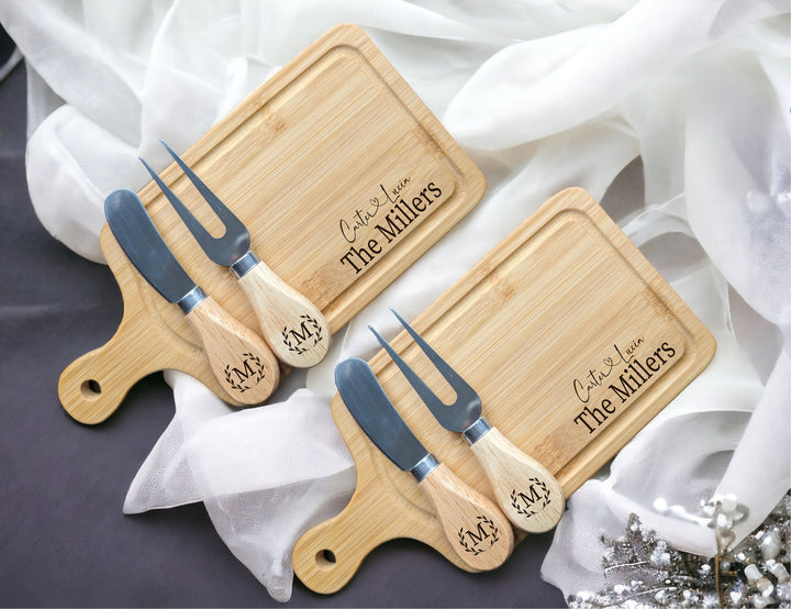 Mini Cheese Serving Board with Cheese&nbsp;Fork Cheese Knife Personalized&nbsp;rectangle Bamboo charcuterie&nbsp;board Newly wed couple gift engraved