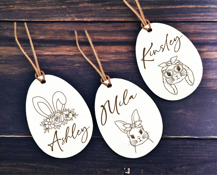 Personalized Easter Name Tag - Custom Minimalist Egg and Bunny Design - Engraved Tags for Kids' Easter Baskets