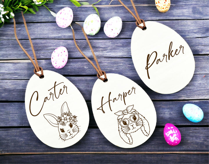 Personalized Easter Name Tag - Custom Minimalist Egg and Bunny Design - Engraved Tags for Kids' Easter Baskets