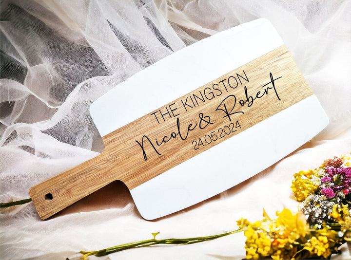 Personalized Marble and Wood Cheese Board with Handle - Custom Engraved with Couple’s Names - Charcuterie Board and Serving Tray for Weddings