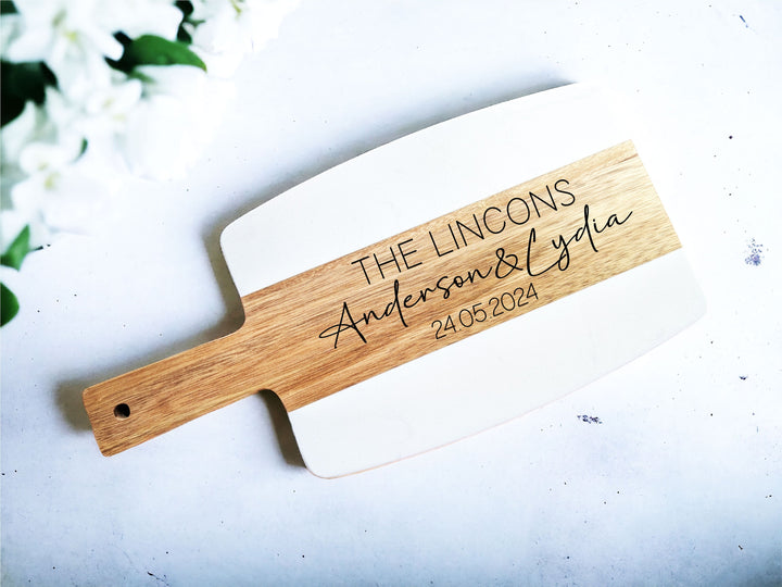 Personalized Marble and Wood Cheese Board with Handle - Custom Engraved with Couple’s Names - Charcuterie Board and Serving Tray for Weddings