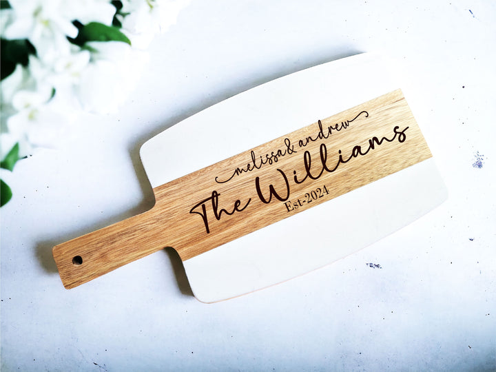 Personalized Marble and Wood Cheese Board with Handle - Custom Engraved with Couple’s Names - Ideal Wedding Gift and Charcuterie Serving Tray