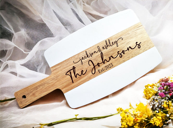 Personalized Marble and Wood Cheese Board with Handle - Custom Engraved with Couple’s Names - Ideal Wedding Gift and Charcuterie Serving Tray