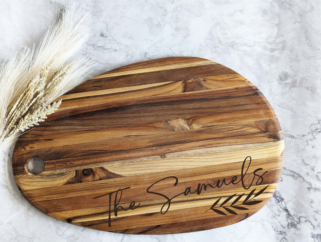 Personalized Teak Wood Charcuterie Board - Custom Cheese Board with Names - Ideal Wedding Gift for Newlyweds and Kitchen Gift for Mom