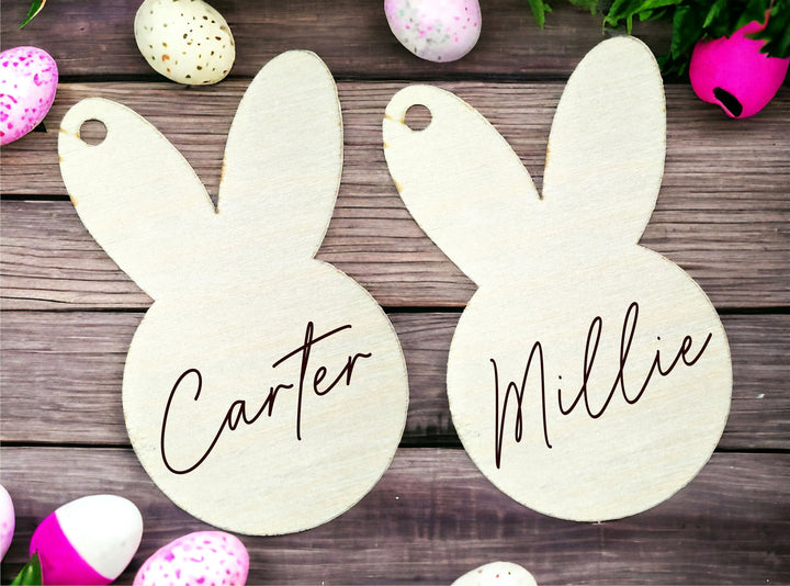 Personalized Easter Basket Name Tag - Minimalist Egg and Bunny Design - Engraved Tags for Kids' Easter Baskets