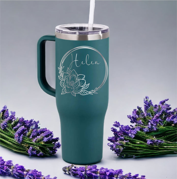 Personalized engraved Tumbler With Lid and Handle 40 oz Customized Floral cup Bridesmaid Proposal Tumbler Travel Mug Birthday gift for her