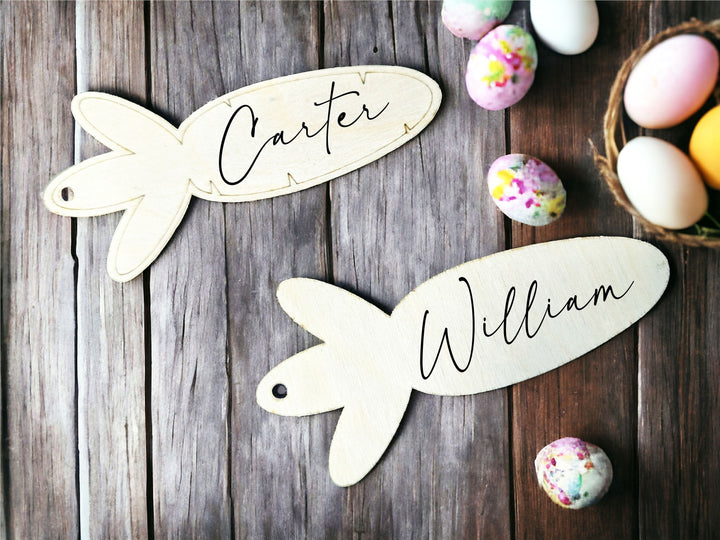 Personalized Kids' Easter Basket Name Tag - Minimalist Egg and Bunny Design - Custom Engraved Tags