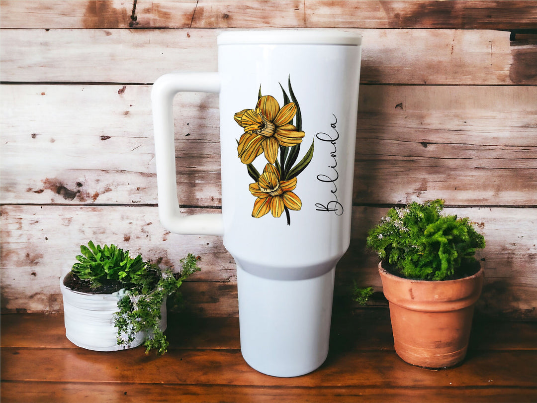 Personalized Birth Flower Cup with handle Large Tumbler Birth month Flower cup 40oz Travel Mug Customized tumbler Birth Flower giftful cup