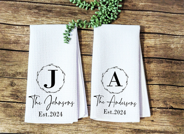 Personalized kitchen towels Custom Dish Towel Last name tea Towel with family name Kitchen decor Towels Bridal shower bride to be gift