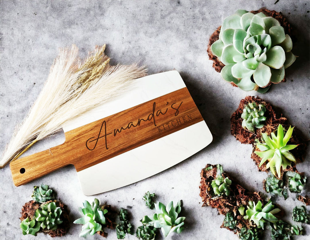 Personalized Marble and Wood Cheese Board with Handle - Custom Engraved Charcuterie Tray - Perfect Wedding or Engagement Gift