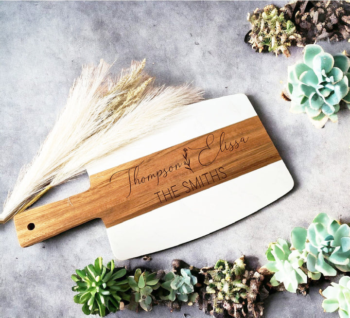 Personalized Cheese Board for Weddings - Marble and Wood with Handle, Custom Engraved Couple's Names - Charcuterie Serving Tray