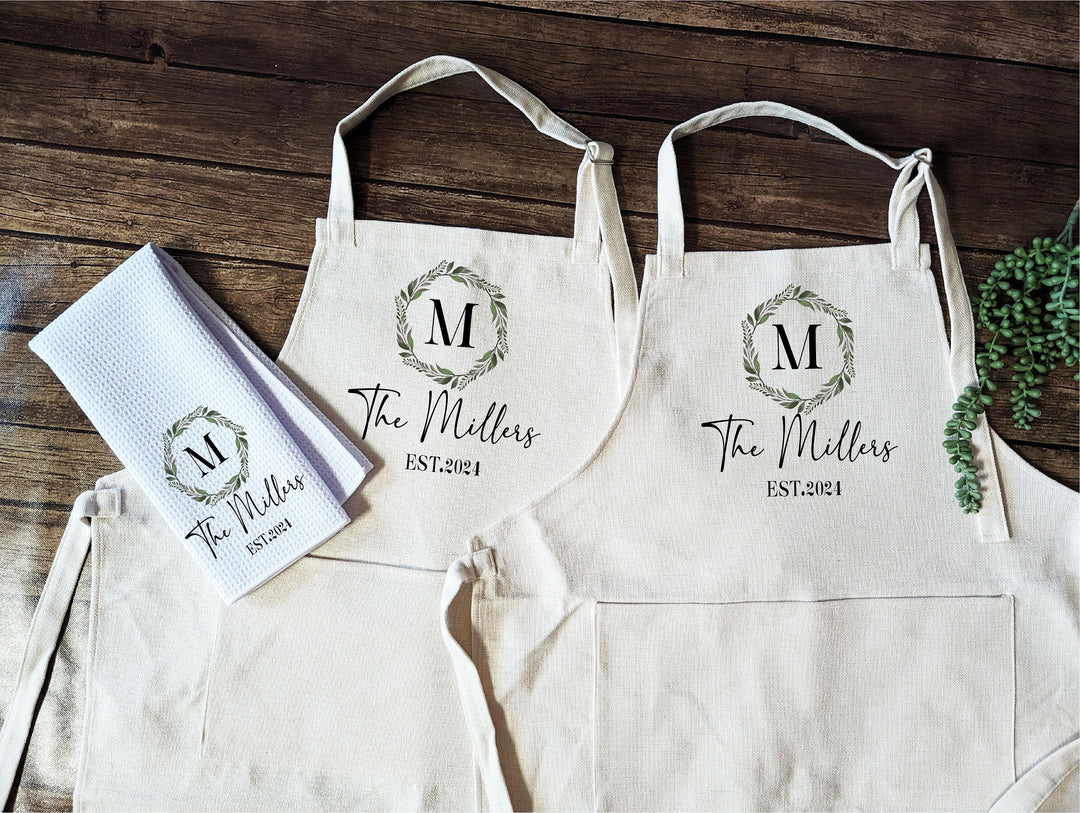 Custom Wedding Kitchen Gift Aprons and Cheese Board Set