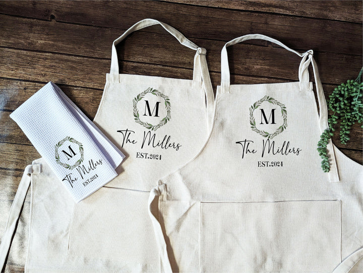 Custom Wedding Kitchen Gift Aprons and Cheese Board Set