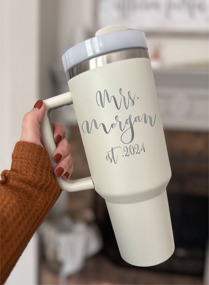 Personalized Mrs cup with handle 40 oz Lid straw Bridal shower gift Engagement Gift for Bride to be Future mrs Tumblers Anniversary gift cup