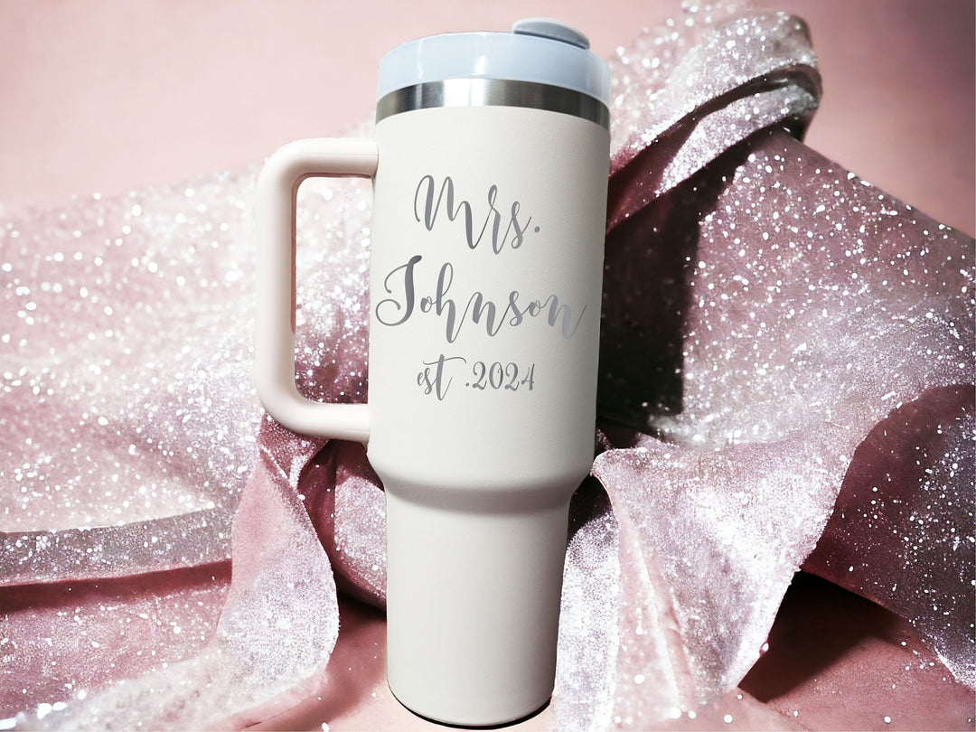 Personalized Mrs cup with handle 40 oz Lid straw Bridal shower gift Engagement Gift for Bride to be Future mrs Tumblers Anniversary gift cup