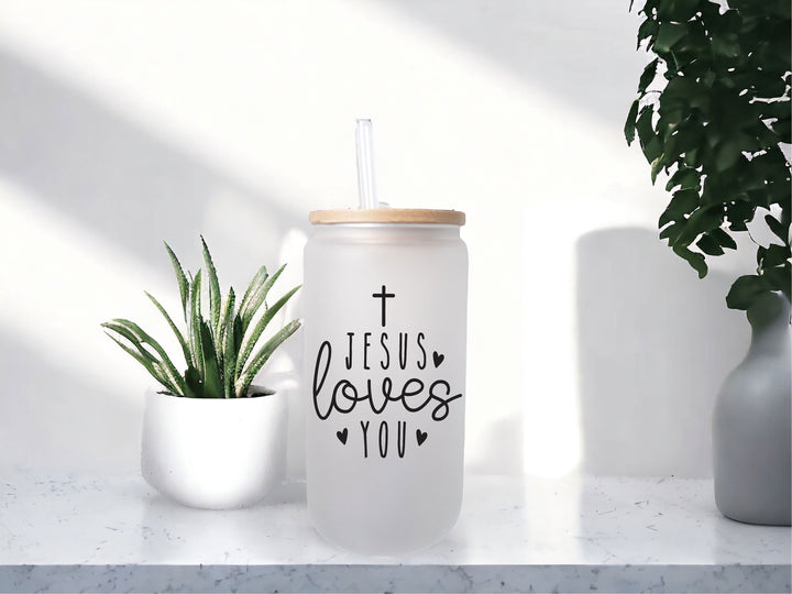 Christian faith gift Iced coffee Glass cup with lid and straw Jesus loves you gift cup Christian coffee cup Christian gifts Bible verse gift