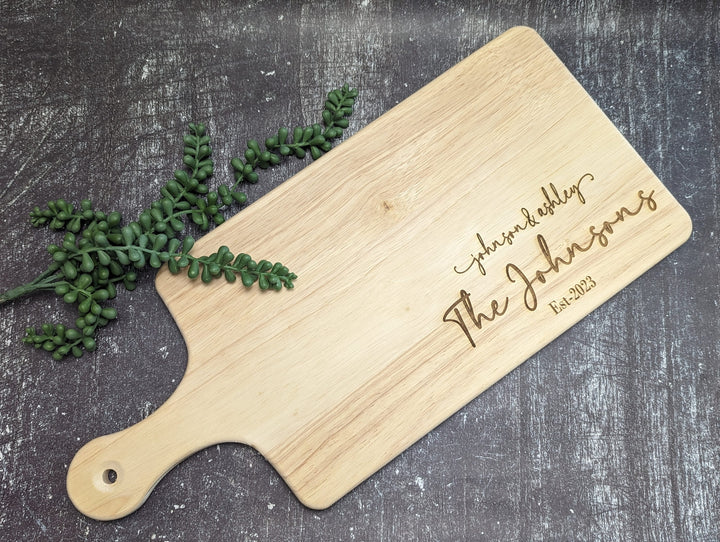 Custom Cutting Board with Handle - Personalized Charcuterie and Bread Board - Ideal Wedding and Housewarming Gift