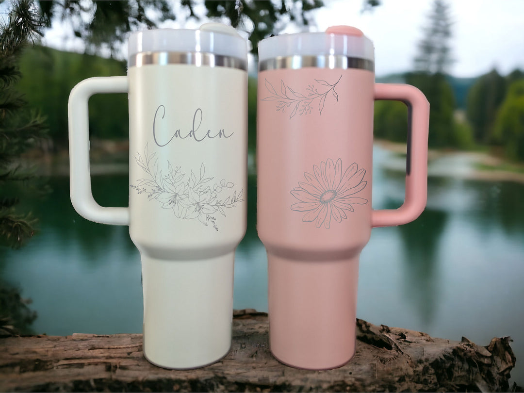 Personalized Tumbler with handle Custom Engraved&nbsp;Tumbler Double Wall Insulated Cup Mothers day gift for mama Floral travel cup 40 oz gifts