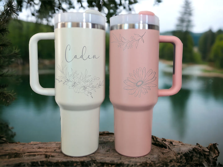 Personalized Tumbler with handle Custom Engraved&nbsp;Tumbler Double Wall Insulated Cup Mothers day gift for mama Floral travel cup 40 oz gifts