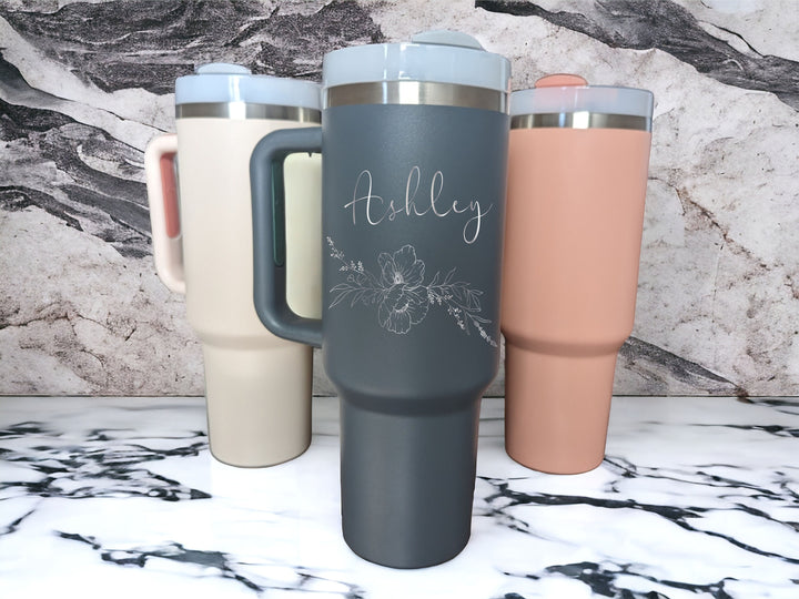 Personalized Tumbler with handle Custom Engraved&nbsp;Tumbler Double Wall Insulated Cup Mothers day gift for mama Floral travel cup 40 oz gifts