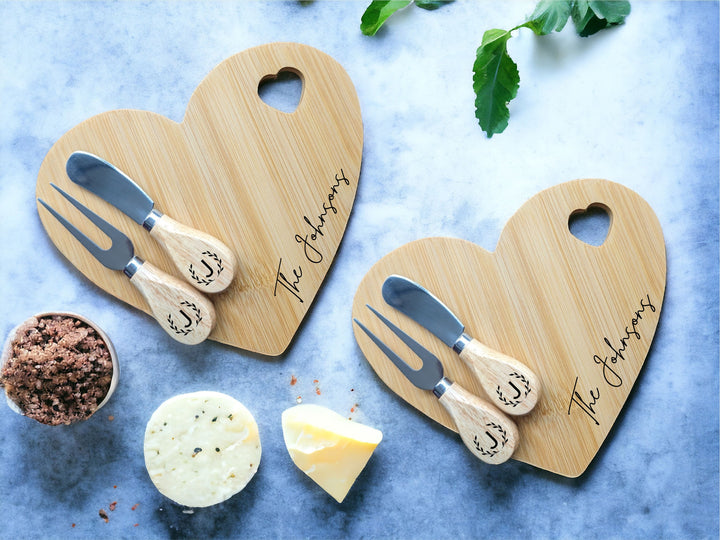 Mini Charcuterie Serving Board with Cheese&nbsp;Fork Cheese Knife Personalized Heart Shaped Bamboo cheese board Newly wed couple gift engraved