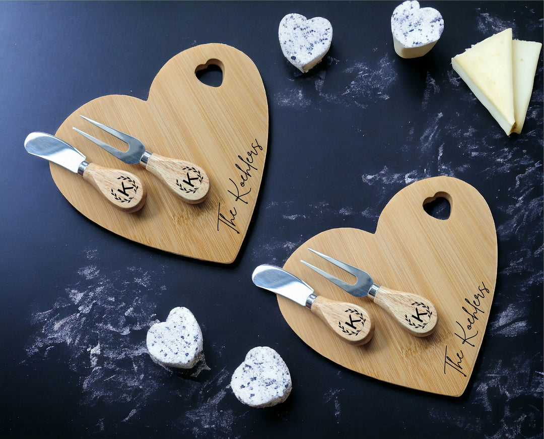 Mini Charcuterie Serving Board with Cheese&nbsp;Fork Cheese Knife Personalized Heart Shaped Bamboo cheese board Newly wed couple gift engraved