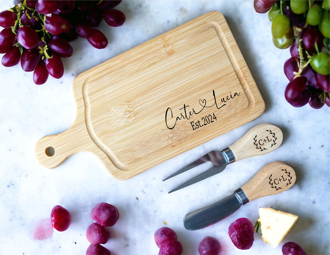 Mini Cheese Serving Board with Cheese&nbsp;Fork Cheese Knife Personalized&nbsp;rectangle Bamboo charcuterie&nbsp;board Newly wed couple gift engraved