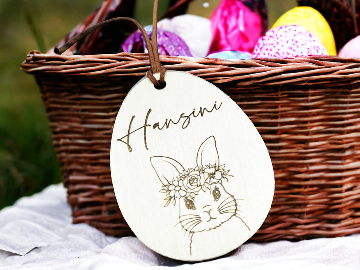 Personalized Easter Name Tag - Custom Minimalist Egg and Bunny Design - Engraved Tags for Kids' Easter Baskets