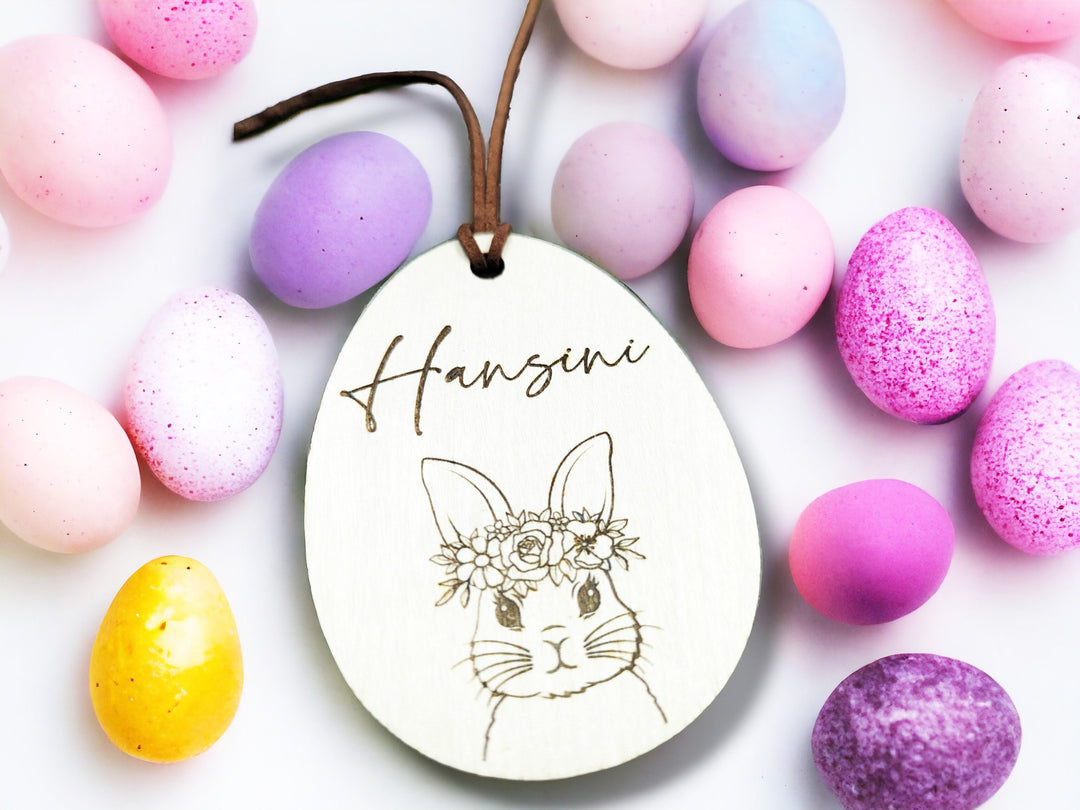 Personalized Easter Name Tag - Custom Minimalist Egg and Bunny Design - Engraved Tags for Kids' Easter Baskets