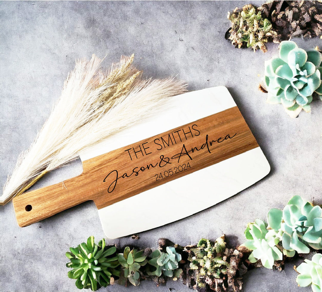 Personalized Marble and Wood Cheese Board with Handle - Custom Engraved with Couple’s Names - Charcuterie Board and Serving Tray for Weddings