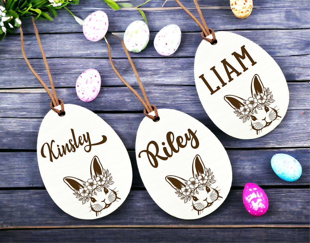 Personalized Easter Name Tag - Minimalist Egg and Bunny Design - Custom Engraved Tags for Kids' Easter Baskets