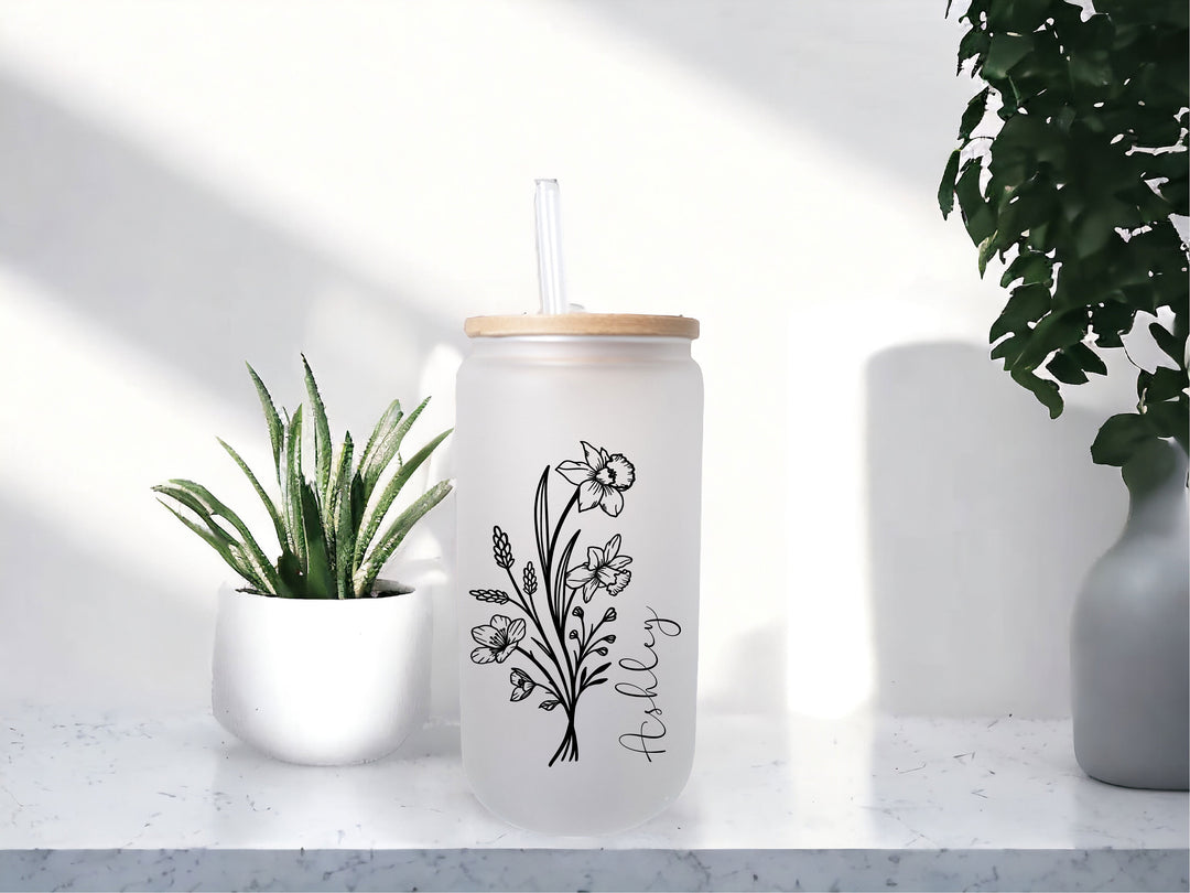 Personalized Birth month Flower iced coffee cup with Lid straw Bridesmaid proposal gift tumbler Bachelorette party favor flower glass cup