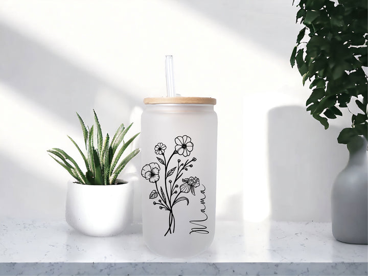 Personalized Birth month Flower iced coffee cup with Lid straw Bridesmaid proposal gift tumbler Bachelorette party favor flower glass cup