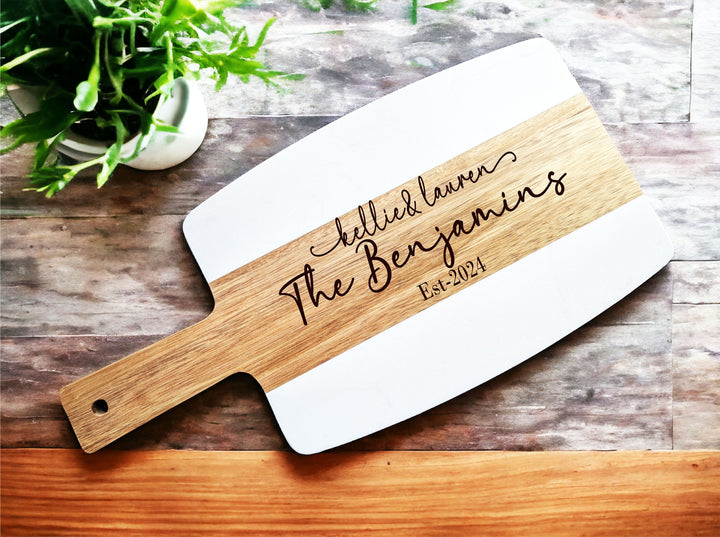 Personalized Marble and Wood Cheese Board with Handle - Custom Engraved with Couple’s Names - Ideal Wedding Gift and Charcuterie Serving Tray