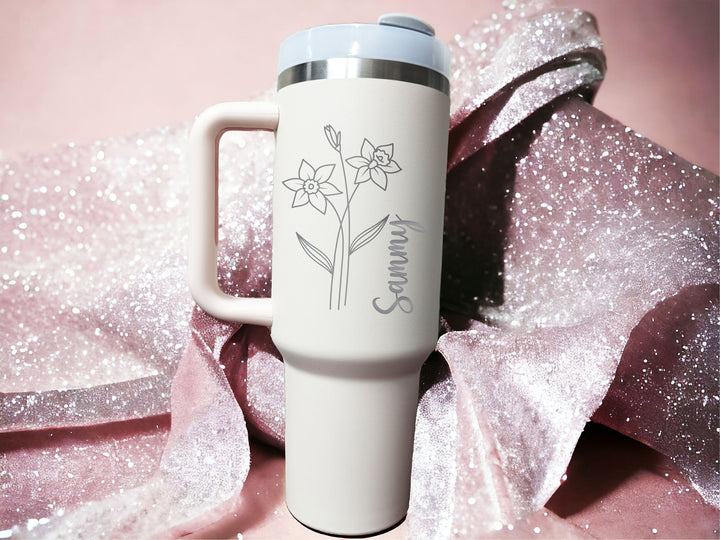 Birth flower gift Tumbler friend birthday gift Personalized with handle Custom stainless steel tumbler Bridesmaid bride gift tumbler 40oz