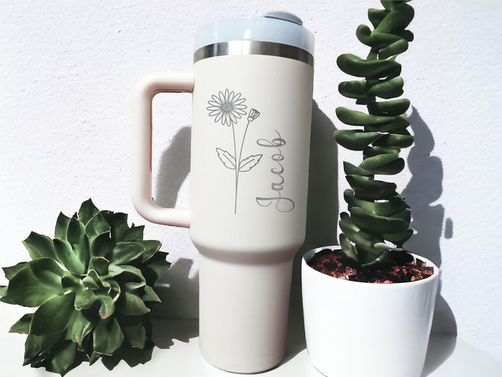 Birth Flower Gift Tumbler 40oz Personalized Handle Gift