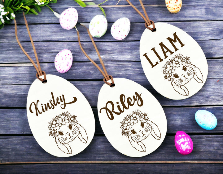 Personalized Easter Name Tag - Minimalist Egg and Bunny Design - Custom Engraved Tags for Kids' Easter Baskets