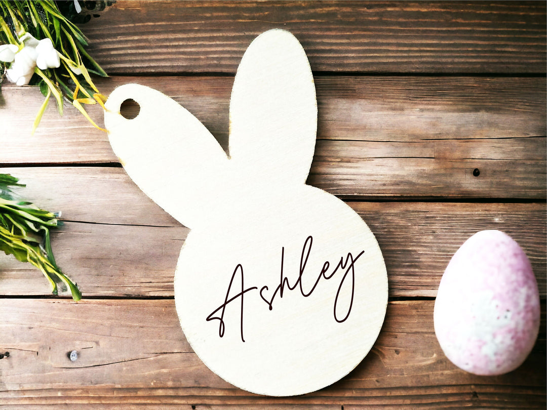 Personalized Easter Basket Name Tag - Minimalist Egg and Bunny Design - Engraved Tags for Kids' Easter Baskets