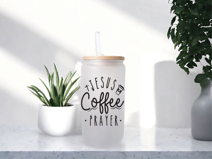 Jesus coffee cup Iced coffee Glass cup with lid and straw Christian coffee cup Christian gifts Bible verse gift ideas Faith Bible verse gift