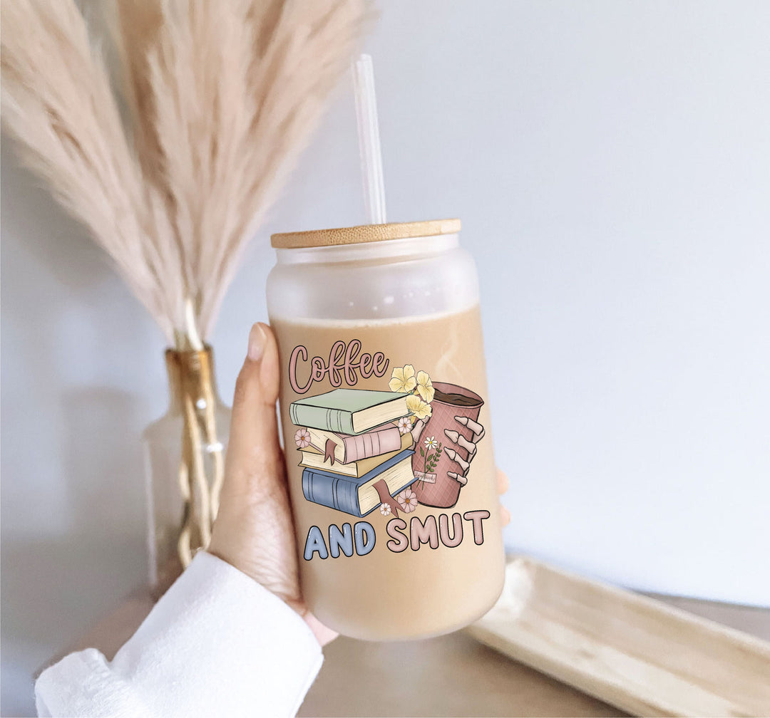 The Smut Reader Frosted ice coffee Glass with Bamboo Lid Cold Coffee Cup&nbsp;Smut Gift Smut Reader Gift Smut Coffee cup with Floral books cup