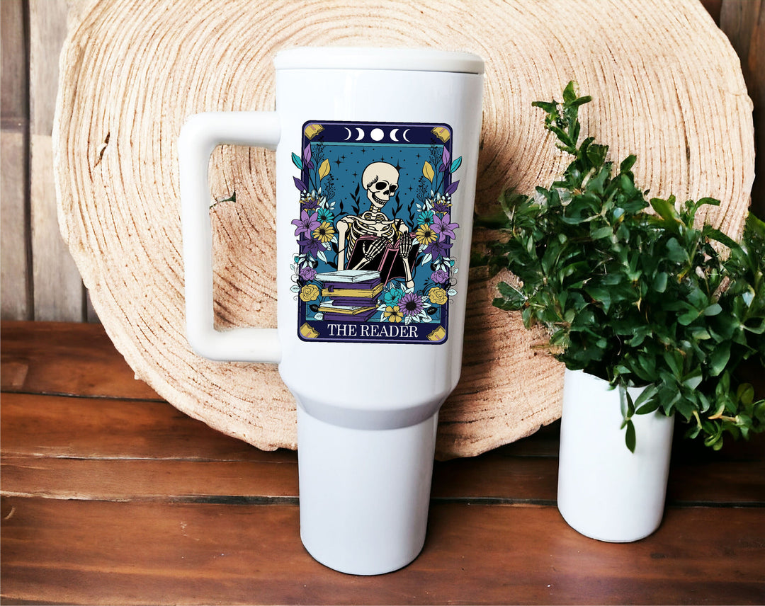 Reader tarot card tumbler with handle and lid Birthday gift Book lover gift Skeleton book nerd gift ideas Book club Gift cups Booktrovert