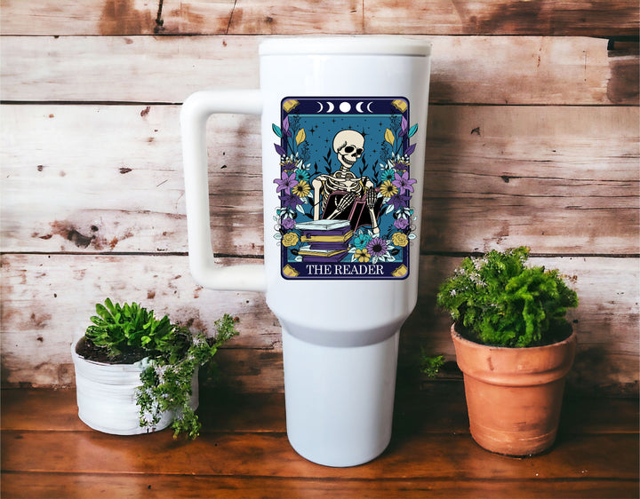 Reader tarot card tumbler with handle and lid Birthday gift Book lover gift Skeleton book nerd gift ideas Book club Gift cups Booktrovert