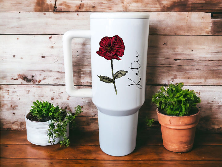 Personalized Birth Flower Cup with handle Large Tumbler Birth month Flower cup 40oz Travel Mug Customized tumbler Birth Flower giftful cup