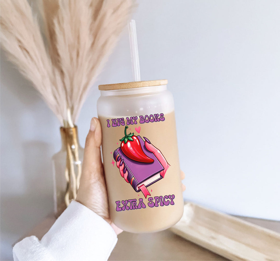 I Like My Books Extra Spicy Glass Coffee Cup With Lid