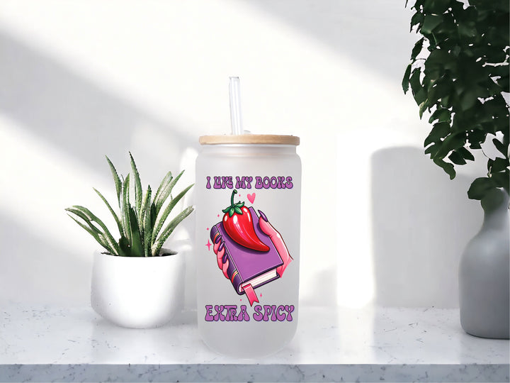 I Like My Books Extra Spicy Glass Coffee Cup With Lid