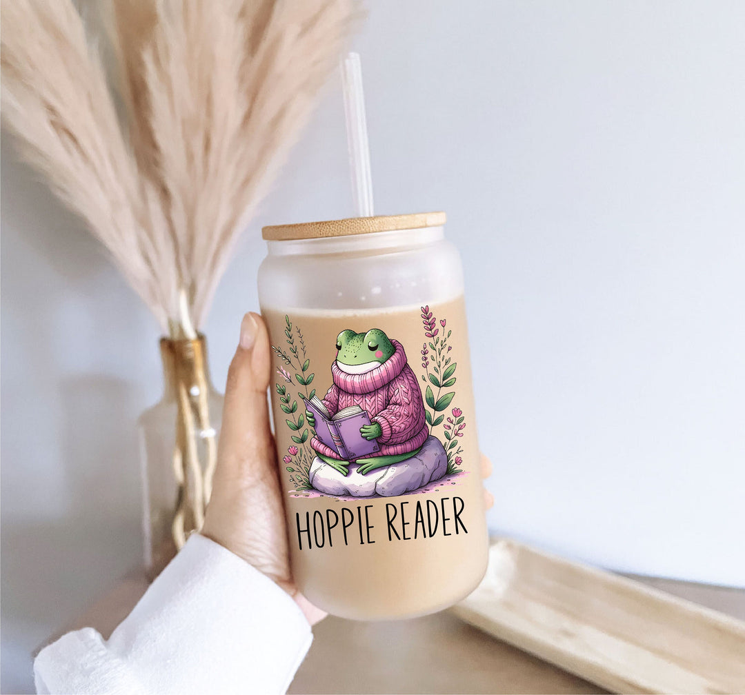 Hoppie Reader Frog Ice Coffee Glass with Bamboo Lid Gift for Readers