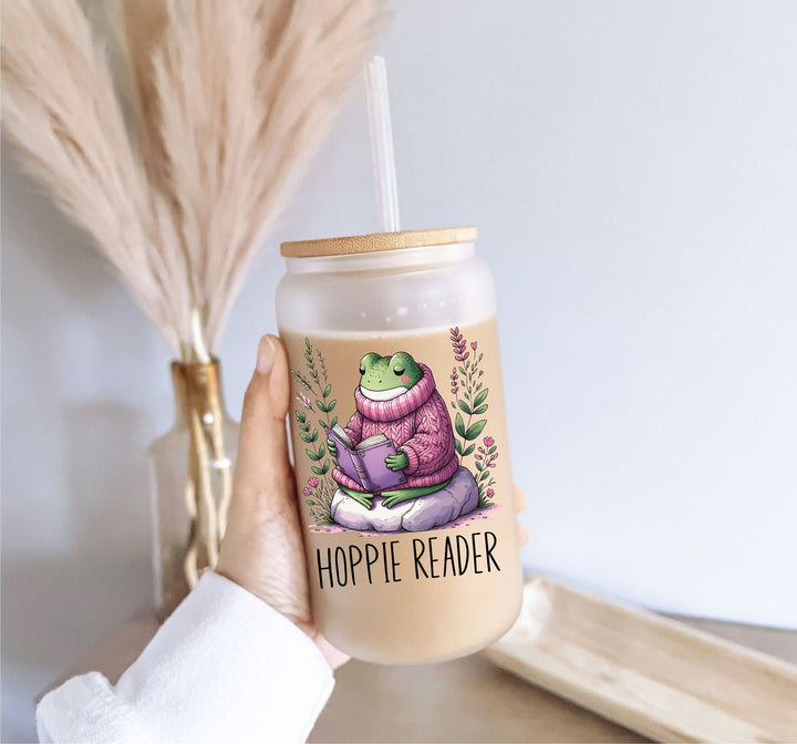 Hoppie Reader Frog Ice Coffee Glass with Bamboo Lid Gift for Readers