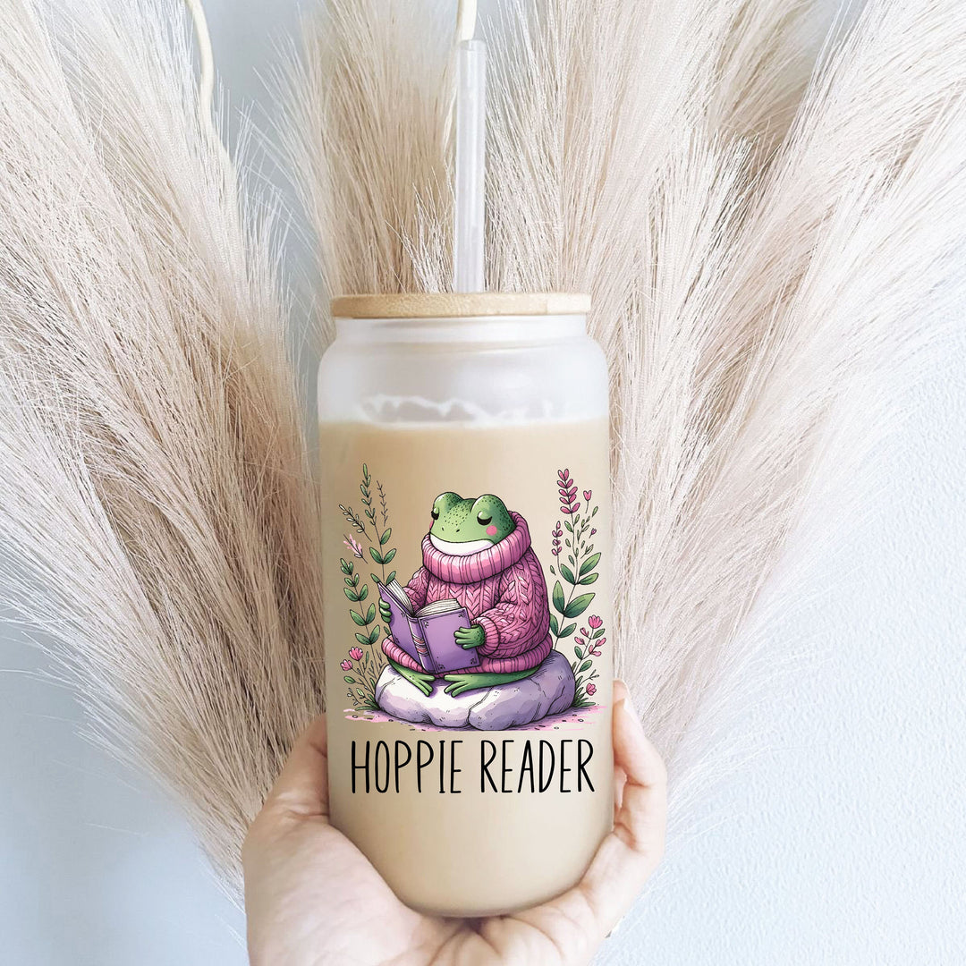Hoppie Reader Frog Ice Coffee Glass with Bamboo Lid Gift for Readers