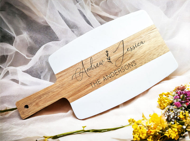 Personalized Cheese Board for Weddings - Marble and Wood with Handle, Custom Engraved Couple's Names - Charcuterie Serving Tray